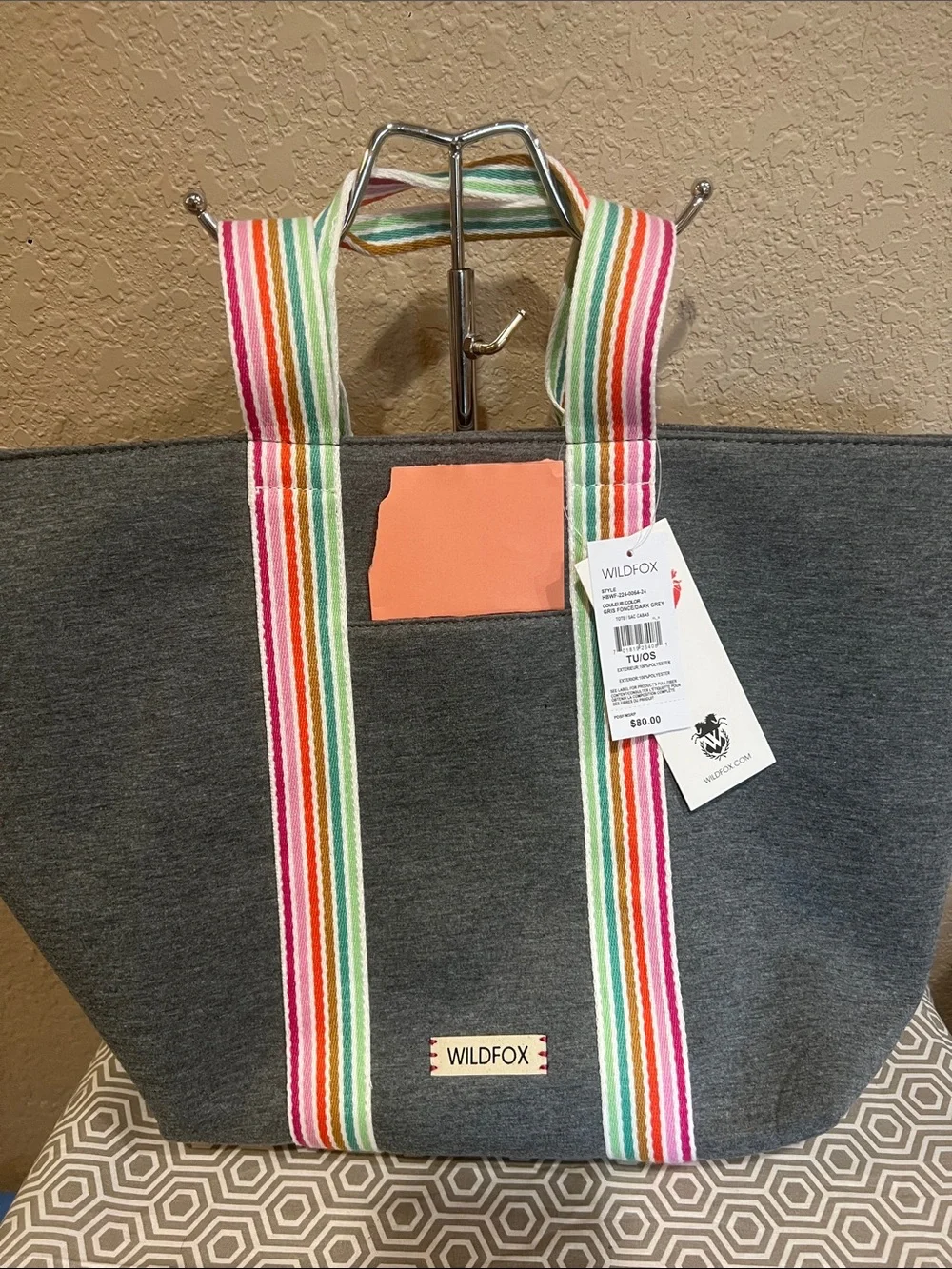 Wildfox Gray Tote with Rainbow Stripe Handles